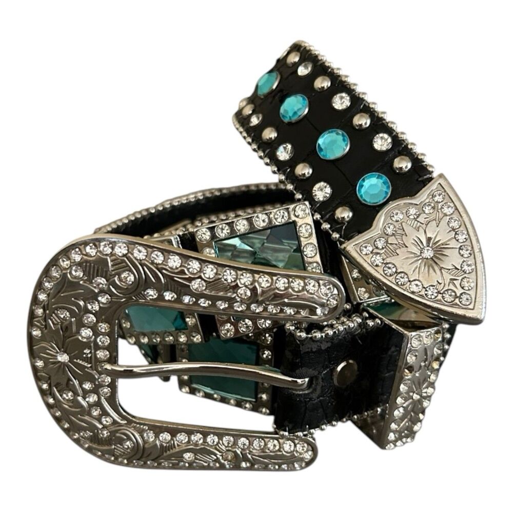 Western Cowgirl Alligator Rhinestone Concho Croco Print Leather Belt Bling